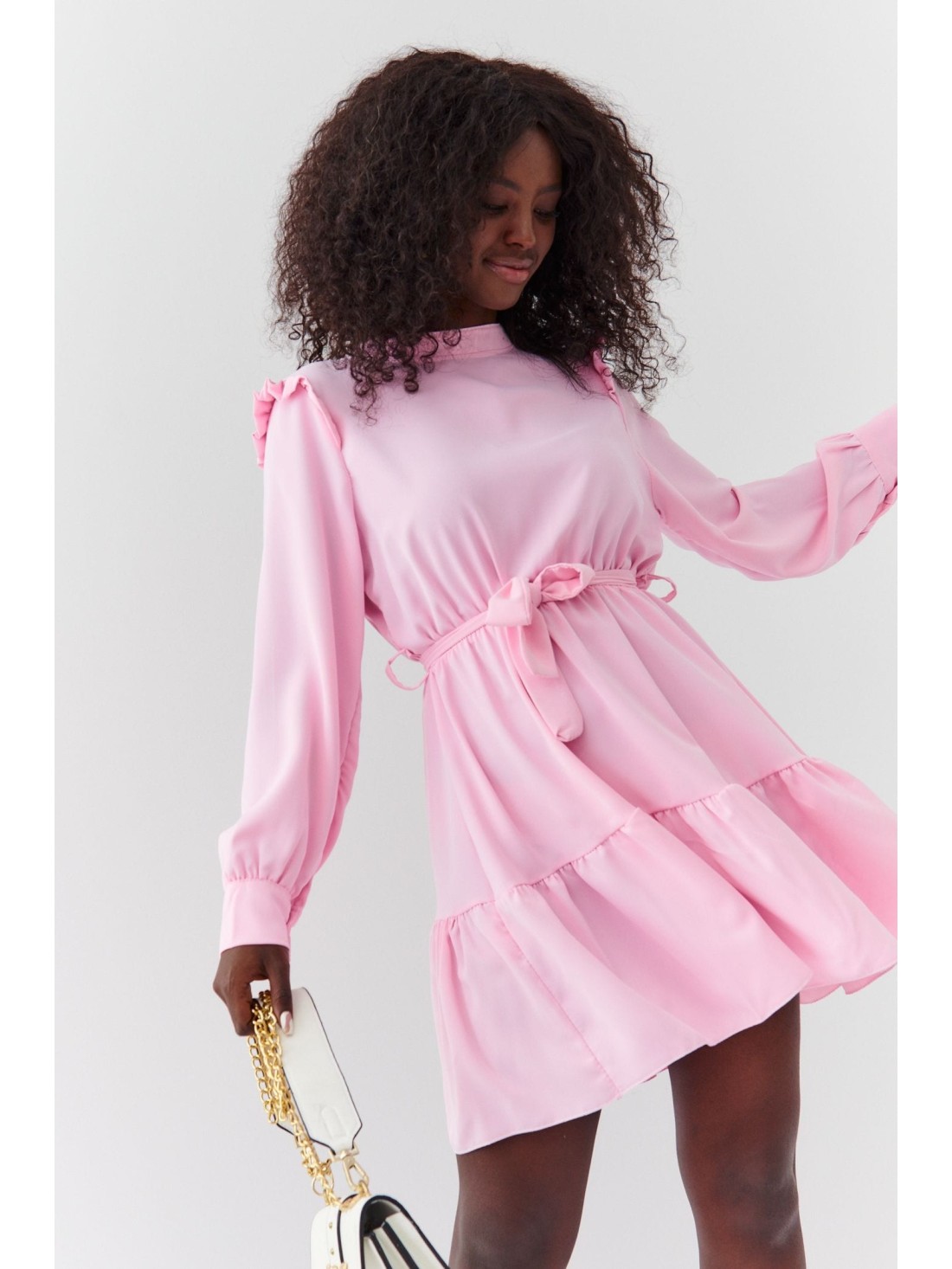 Smooth dress with a stand-up collar, pink 17576 - Online store - Boutique